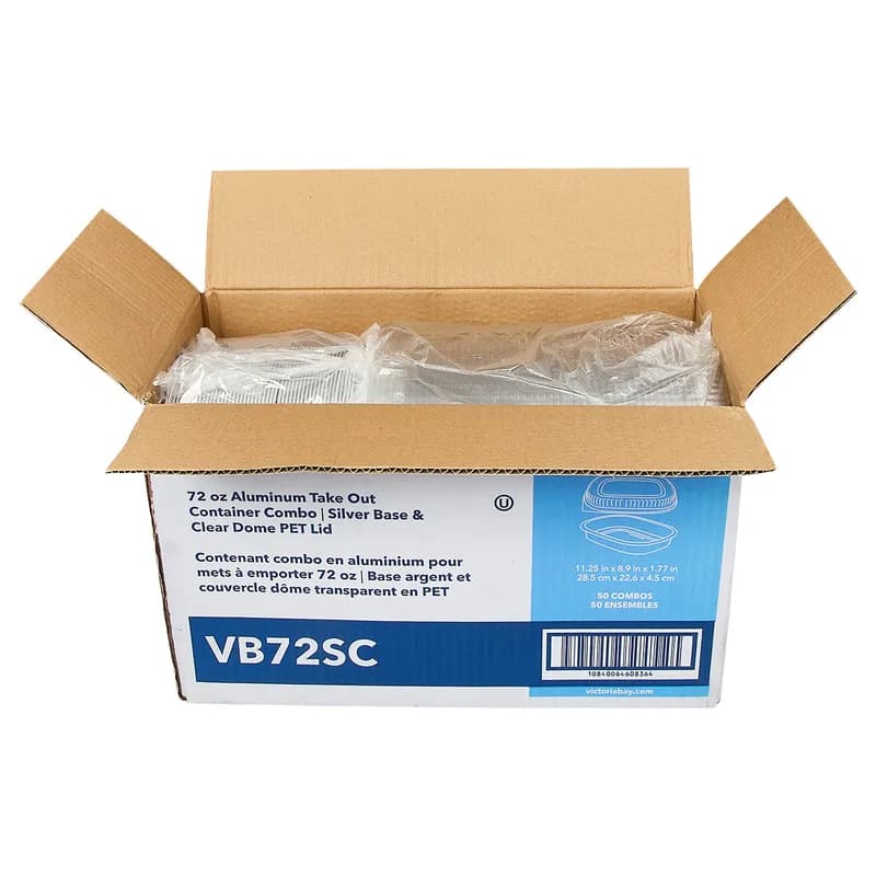 Victoria Bay Take-Out Container Base & Lid Combo With Dome Lid Large (LG) 72 OZ Aluminum Plastic Silver Clear 50/Case