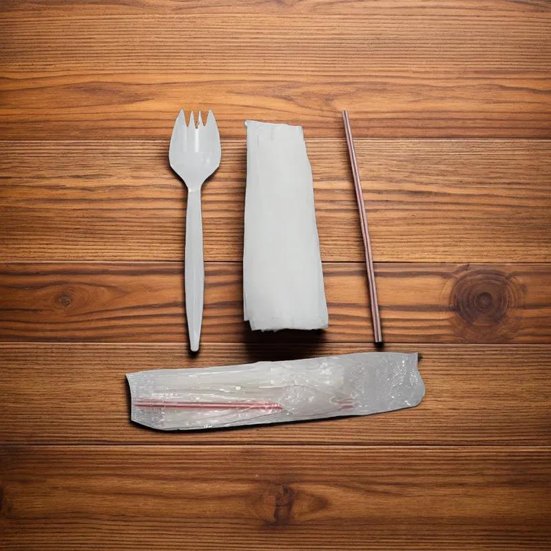 3PC Cutlery Kit PP White With Napkin,Spork,Straw 1000/Case