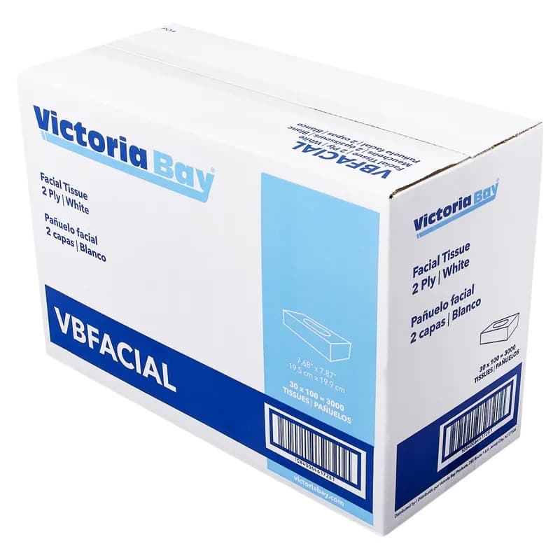 Victoria Bay Facial Tissue 6.5X8 IN 2PLY White Flat Box 100 Sheets/Pack 30 Packs/Case 3000 Sheets/Case