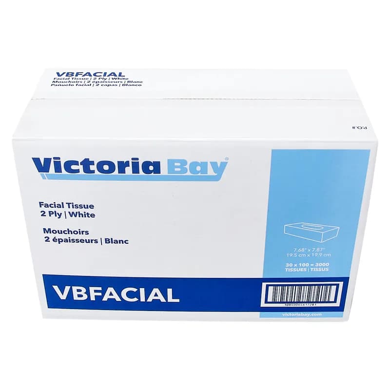 Victoria Bay Facial Tissue 6.5X8 IN 2PLY White Flat Box 100 Sheets/Pack 30 Packs/Case 3000 Sheets/Case