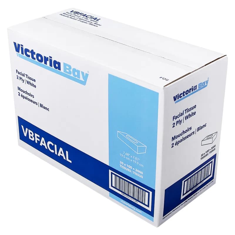 Victoria Bay Facial Tissue 6.5X8 IN 2PLY White Flat Box 100 Sheets/Pack 30 Packs/Case 3000 Sheets/Case