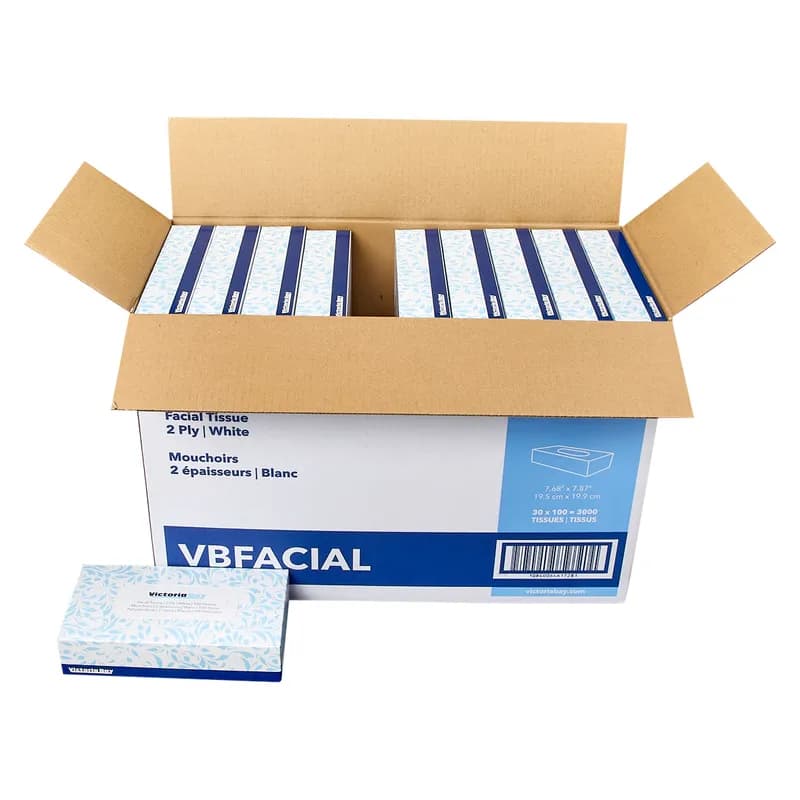 Victoria Bay Facial Tissue 6.5X8 IN 2PLY White Flat Box 100 Sheets/Pack 30 Packs/Case 3000 Sheets/Case