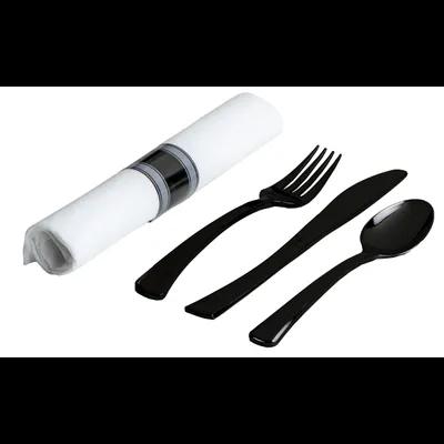 4PC Cutlery Kit Black Pre-Rolled With White Napkin,Knife,Fork,Spoon 100/Case