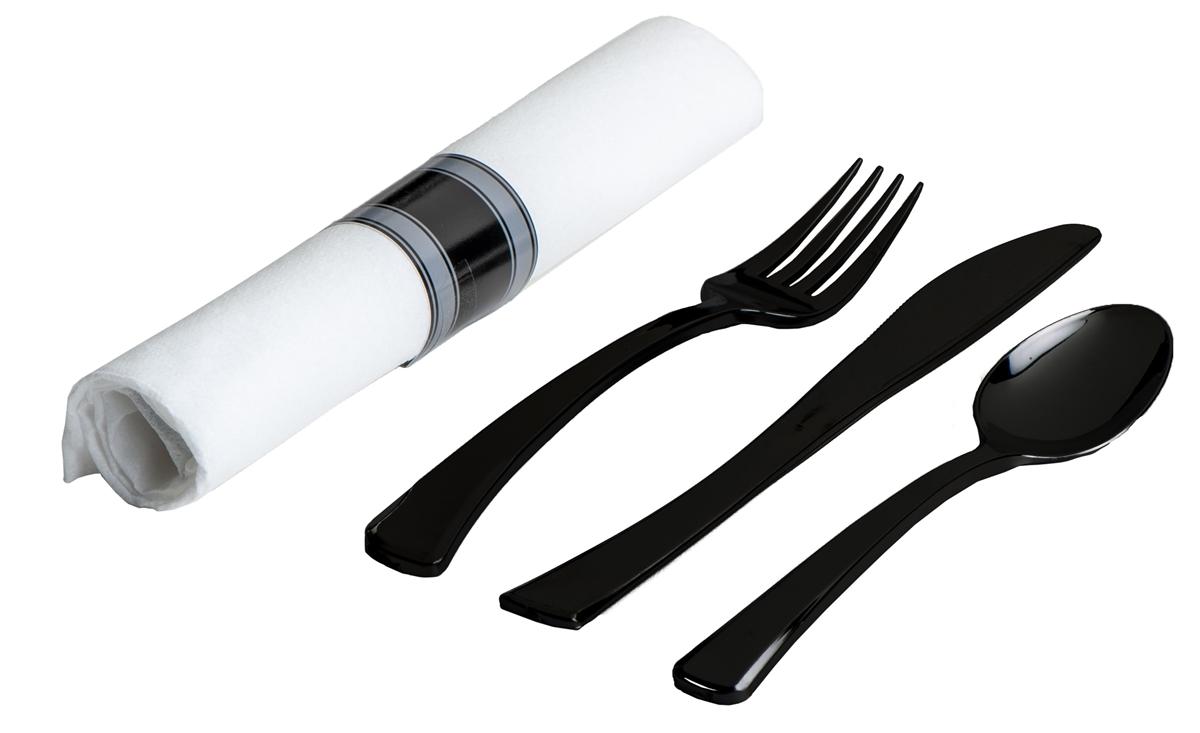 4PC Cutlery Kit Black Pre-Rolled With White Napkin,Knife,Fork,Spoon 100/Case