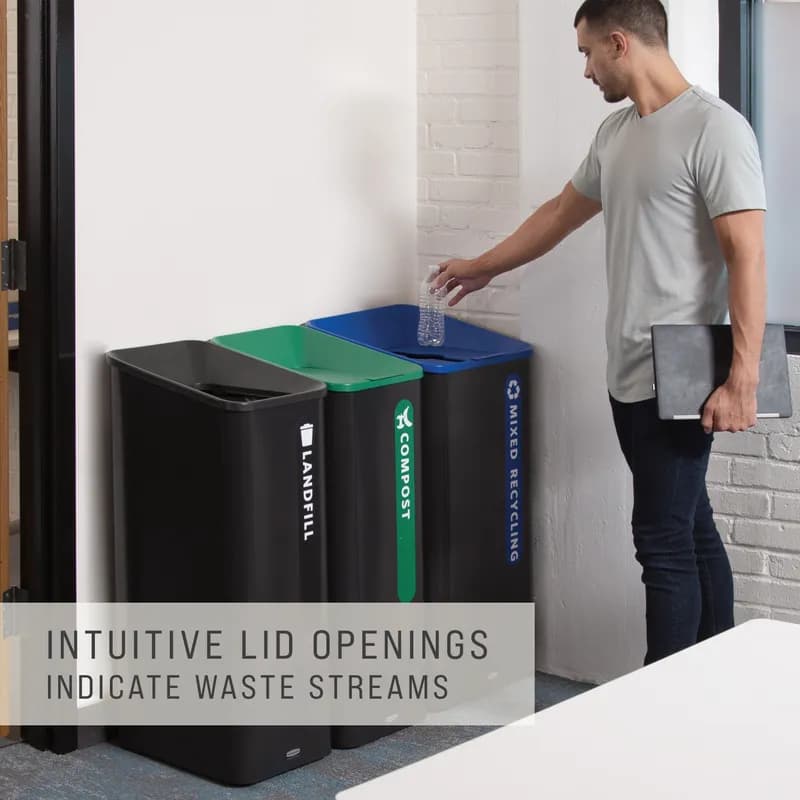 Mixed Recycling 1-Stream Bin 16.80X17.90X36.10 IN 23 GAL Black Blue Metal Resin With Hinged Lid 1/Each