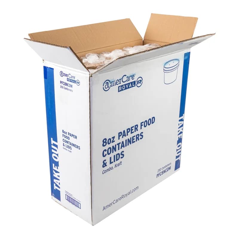 Food Container Base & Lid Combo 8 OZ Paperboard Kraft Round 250/Case