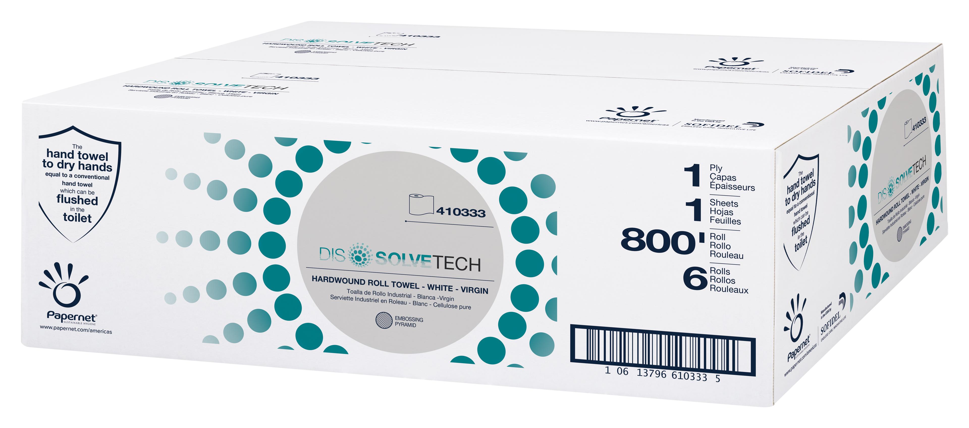 Papernet Dissolve Tech Roll Paper Towel 800 FT 1PLY Virgin Pulp Embossed Hardwound 2.01IN Core Diameter 6 Rolls/Case