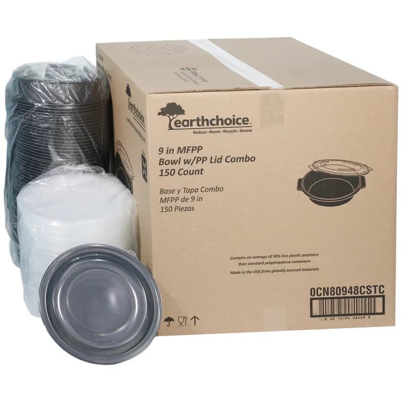 Take-Out Container Base & Lid Combo 48 OZ MFPP PP Black Round 150/Case