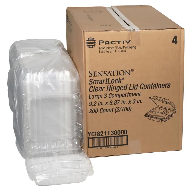 Sensation™ Take-Out Container Hinged 9.2X8.9X3.1 IN 3 Compartment OPS Clear 200/Case