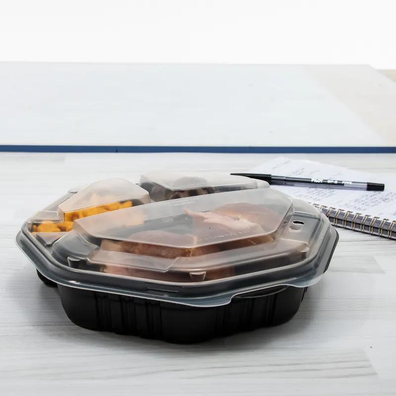 Solo® Creative Carryouts® OctaView® Take-Out Container Hinged 9.55X9.13X2.38 IN 3 Compartment PP Black Clear Convertible Vented 50 Count/Pack 2 Packs/Case