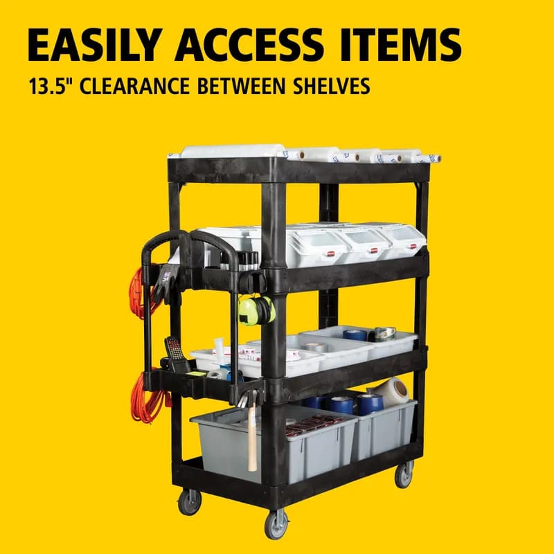 Brute® Utility Cart Large (LG) 55.30X26.50X12.30 IN 700 LB Black Resin 4-Shelf Ergonomic Handle 5 IN TPR Caster 1/Each