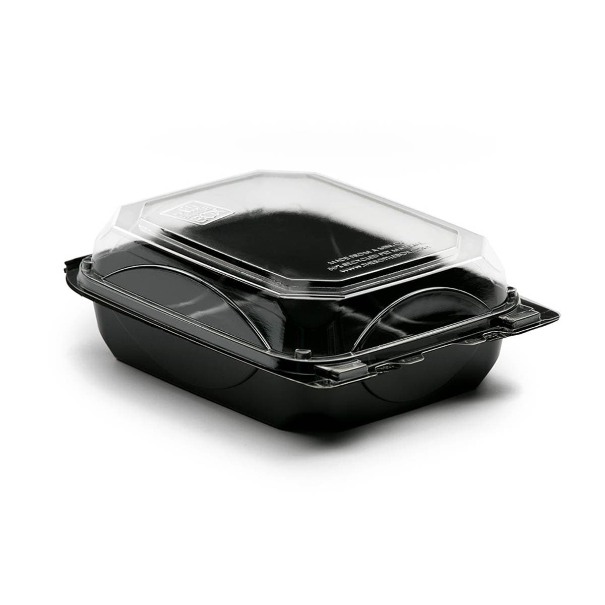 The BOTTLEBOX ® Bakery Hinged Container 37 OZ 8.6X6.6X2.8 IN RPET Black Clear Rectangle 250/Case
