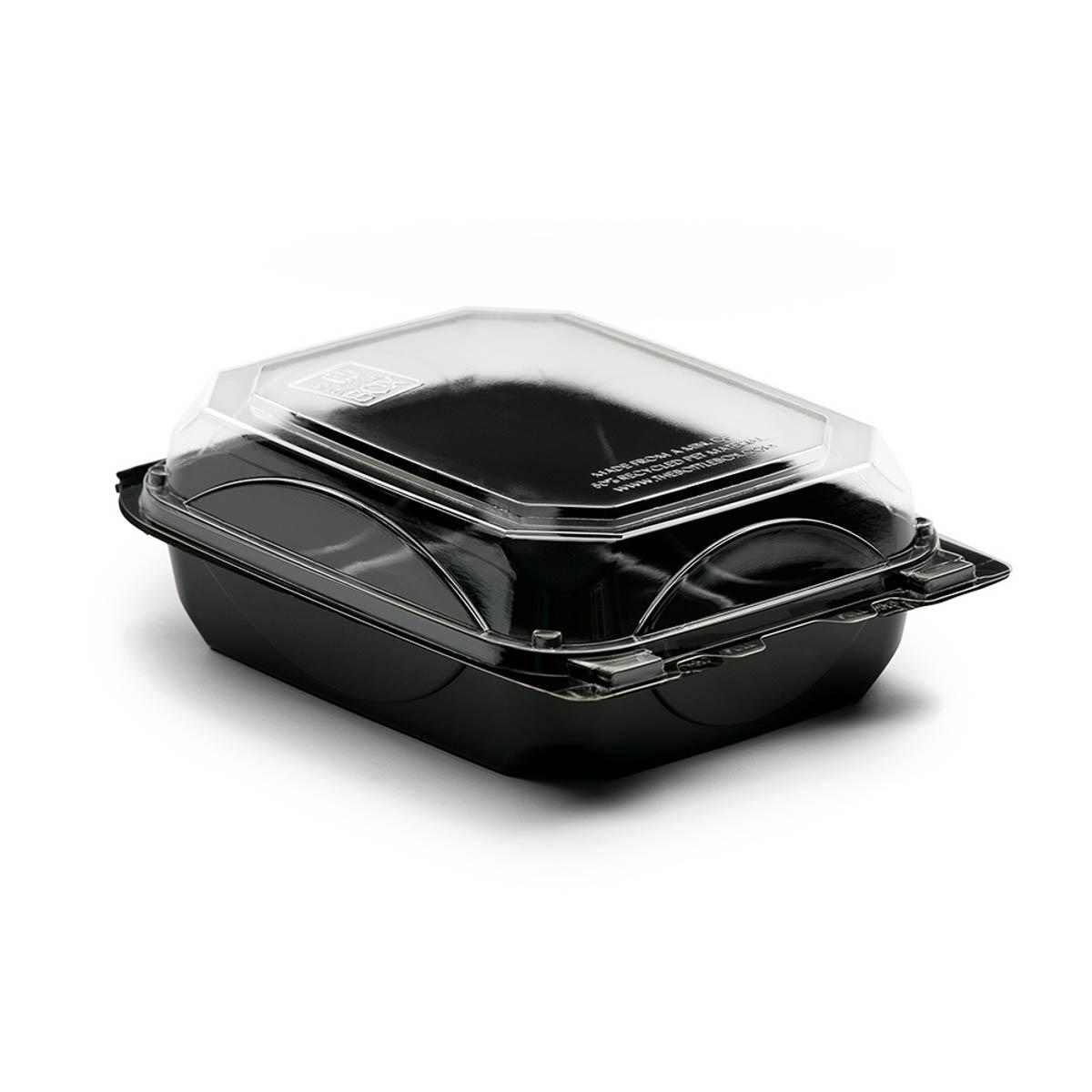 The BOTTLEBOX ® Bakery Hinged Container 37 OZ 6.6X8.6X2.88 IN RPET Black Clear 250/Case