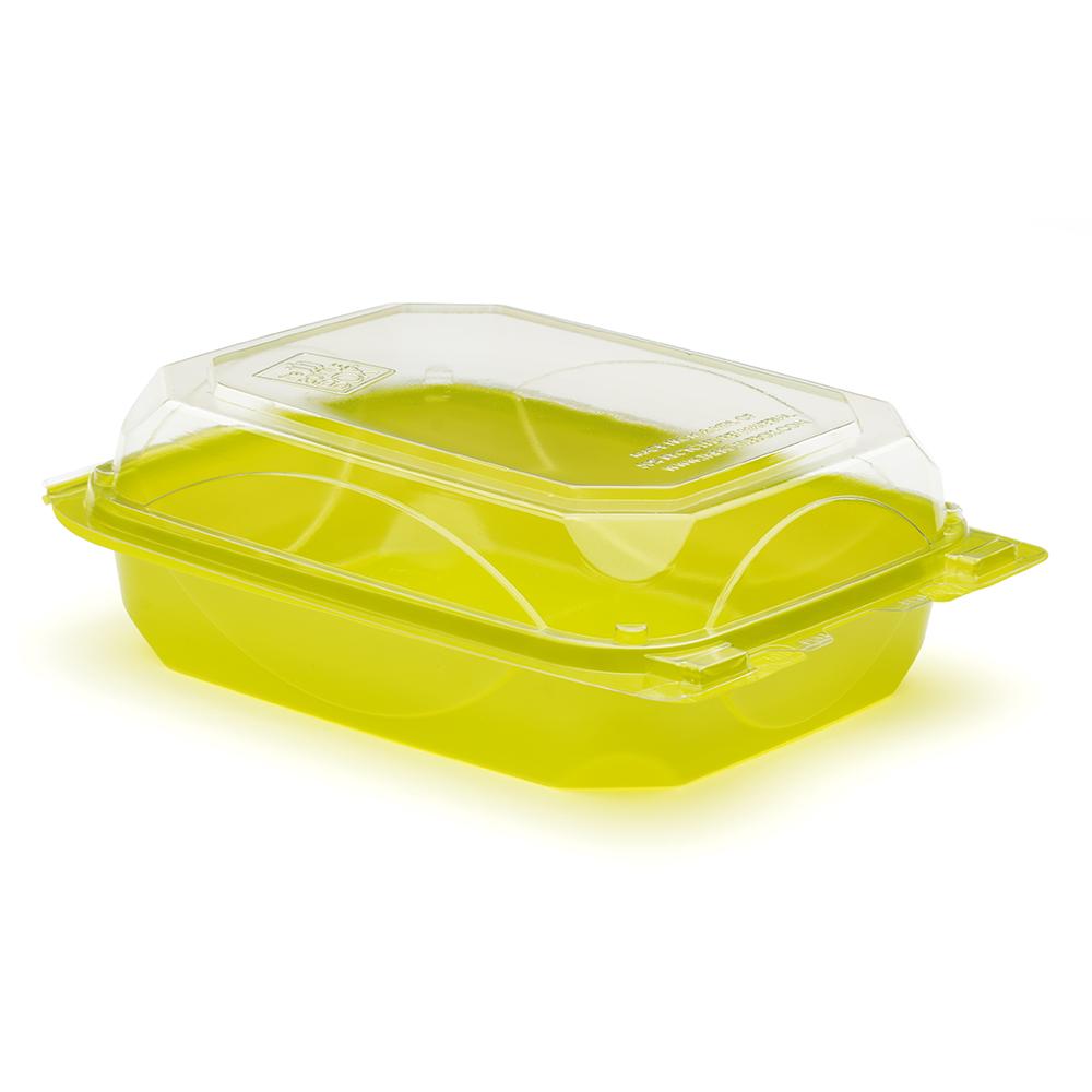 The BOTTLEBOX ® Take-Out Container Hinged With Dome Lid 8.6X6.6X2.88 IN RPET Lime Green Clear Rectangle Long 250/Case