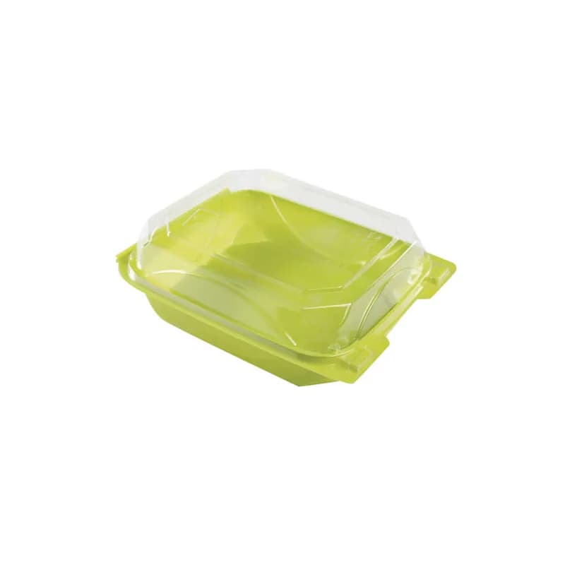 The BOTTLEBOX ® Take-Out Container Hinged With Dome Lid 8.6X6.6X2.8 IN RPET Lime Green Clear Rectangle Long 250/Case