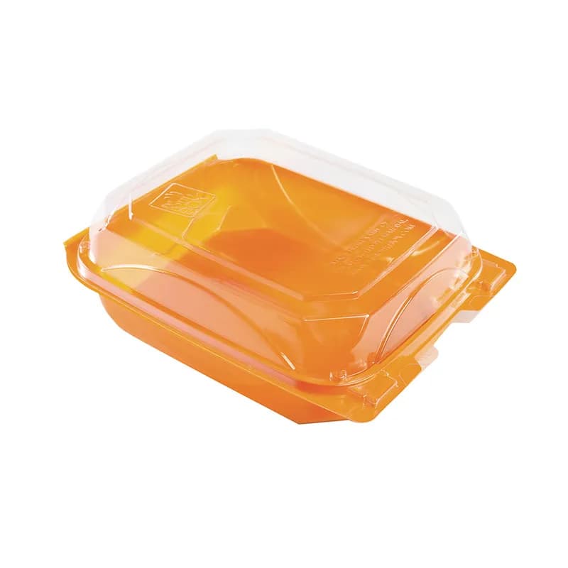 The BOTTLEBOX ® Bakery Hinged Container 37 OZ 8.6X6.6X2.88 IN RPET Tangerine Clear 250/Case