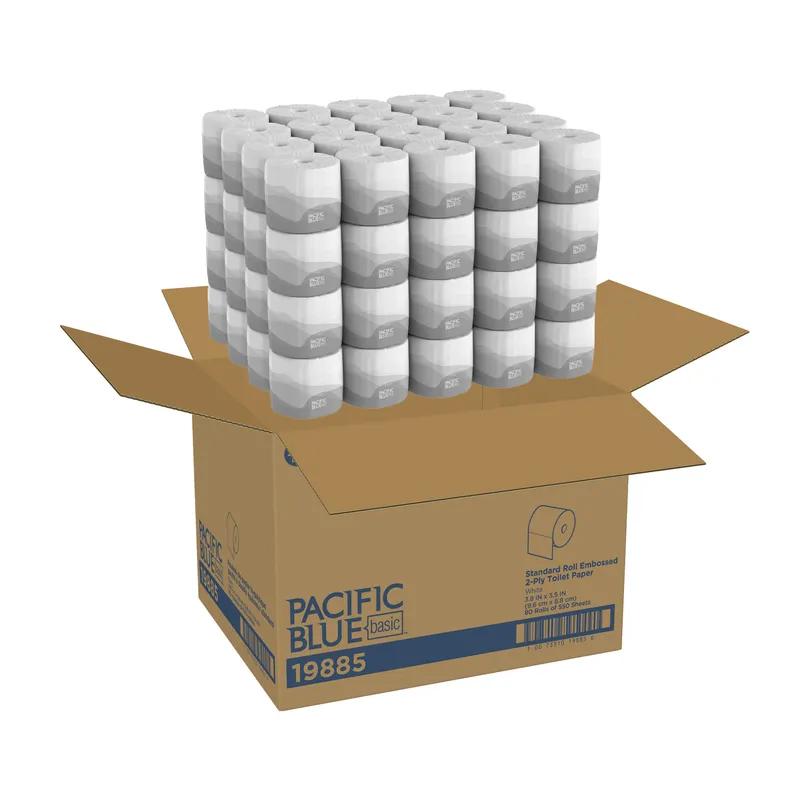 Pacific Blue Basic Toilet Paper & Tissue Roll 3.5X3.8 IN 2PLY White Embossed Standard 550 Sheets/Roll 80 Rolls/Case