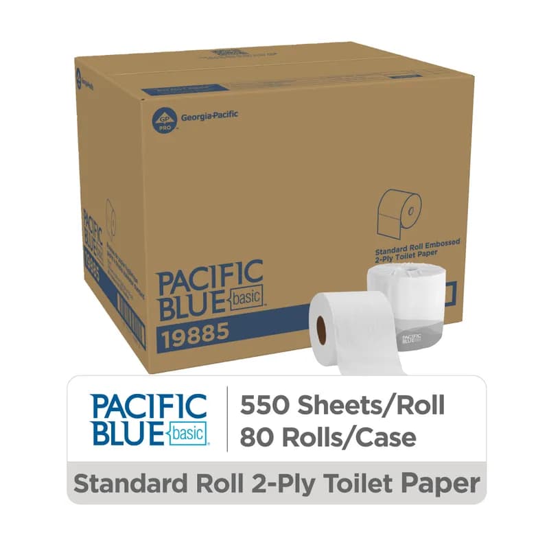 Pacific Blue Basic Toilet Paper & Tissue Roll 3.5X3.8 IN 2PLY White Embossed Standard 550 Sheets/Roll 80 Rolls/Case