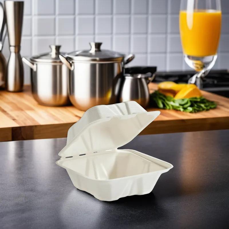 Take-Out Container Hinged With Dome Lid 6X6X3 IN Molded Fiber White Square 400/Case