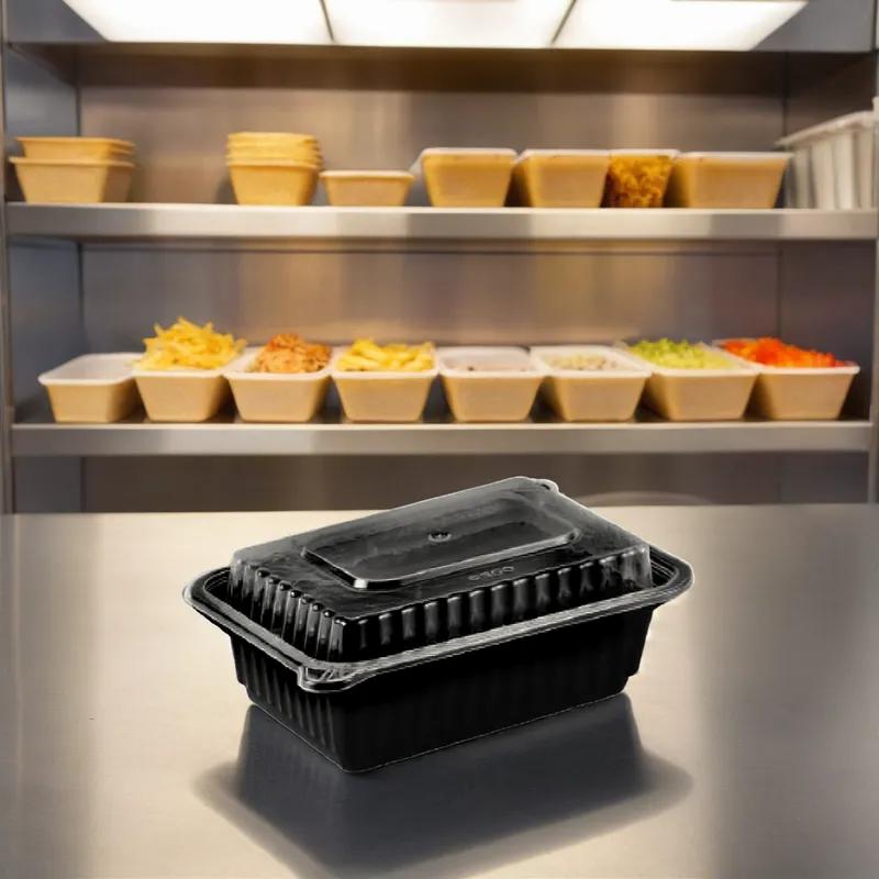 Take-Out Container Base & Lid Combo With Dome Lid 12 OZ Plastic Black Clear Rectangle 150/Case