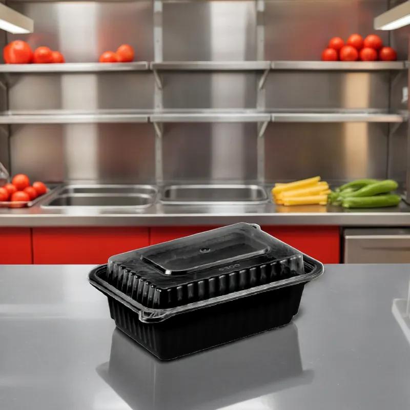 Take-Out Container Base & Lid Combo With Dome Lid 12 OZ Plastic Black Clear Rectangle 150/Case