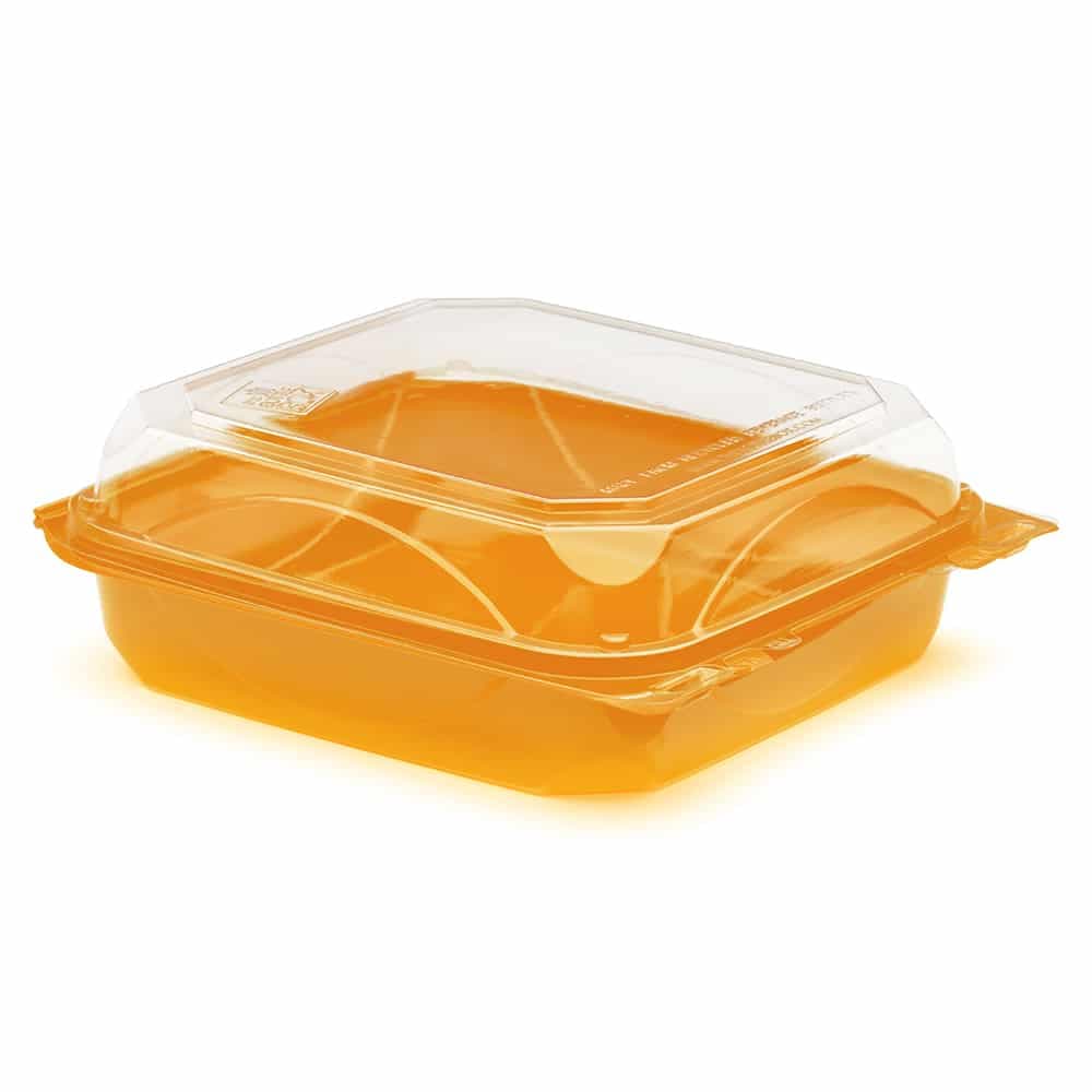 The BOTTLEBOX ® Take-Out Container Hinged With Dome Lid 8.46X7.96X2.88 IN RPET Tangerine Clear Square Squat 200/Case