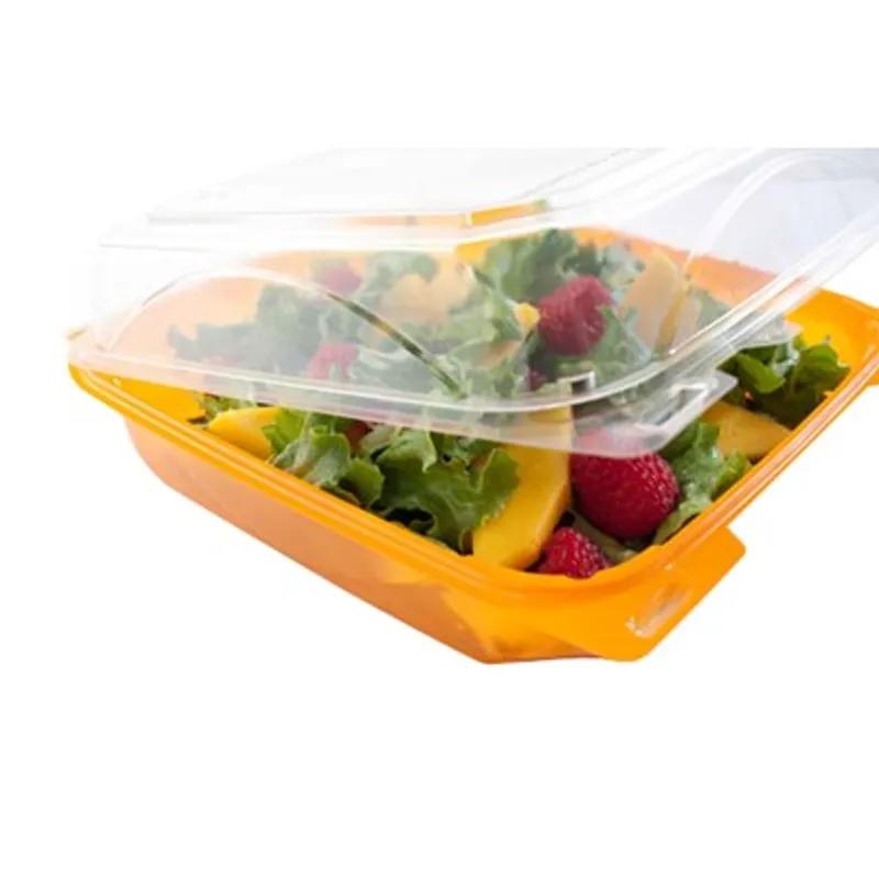 The BOTTLEBOX ® Take-Out Container Hinged With Dome Lid 8.46X7.96X2.88 IN RPET Orange Clear Square Squat 200/Case