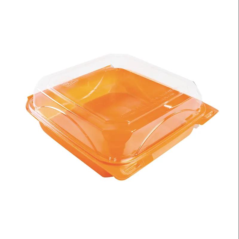 The BOTTLEBOX ® Take-Out Container Hinged With Dome Lid 8.46X7.96X2.88 IN RPET Orange Clear Square Squat 200/Case