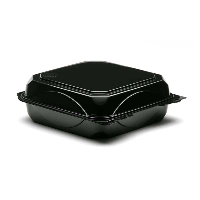 The BOTTLEBOX ® Take-Out Container Hinged 8.46X7.96X2.88 IN RPET Black Rectangle 200/Case