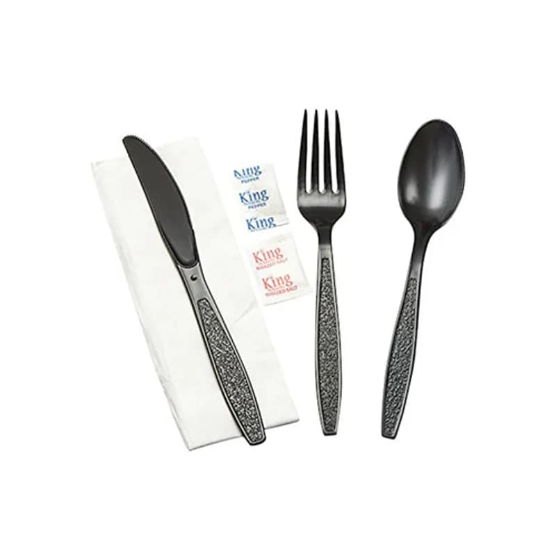 WNA 5PC Cutlery Kit PP Black With Napkin,Fork,Knife,Salt & Pepper 250/Case