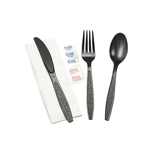WNA 5PC Cutlery Kit PP Black With Napkin,Fork,Knife,Salt & Pepper 250/Case