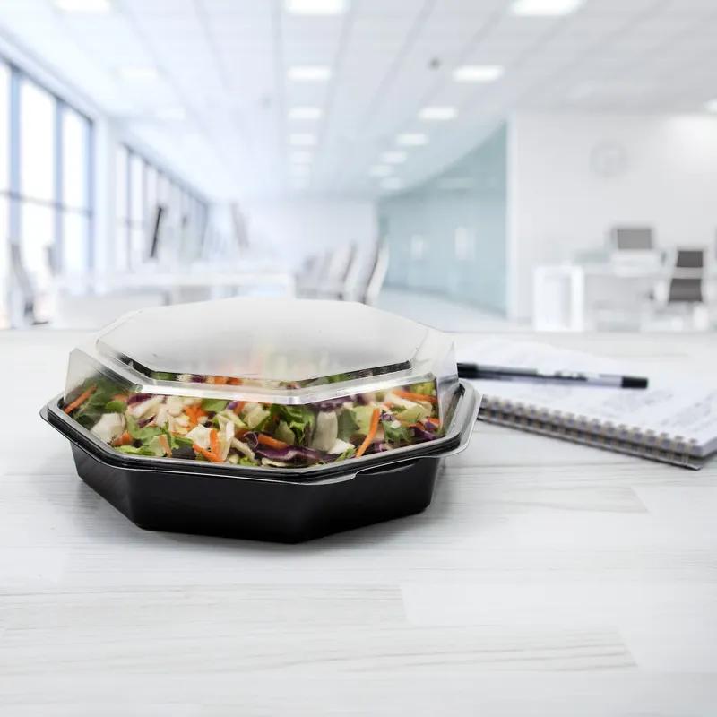 Solo® Creative Carryouts® OctaView® Take-Out Container Hinged 9.57X9.18X3.15 IN PS Black Clear Deep Leak Resistant 100/Case
