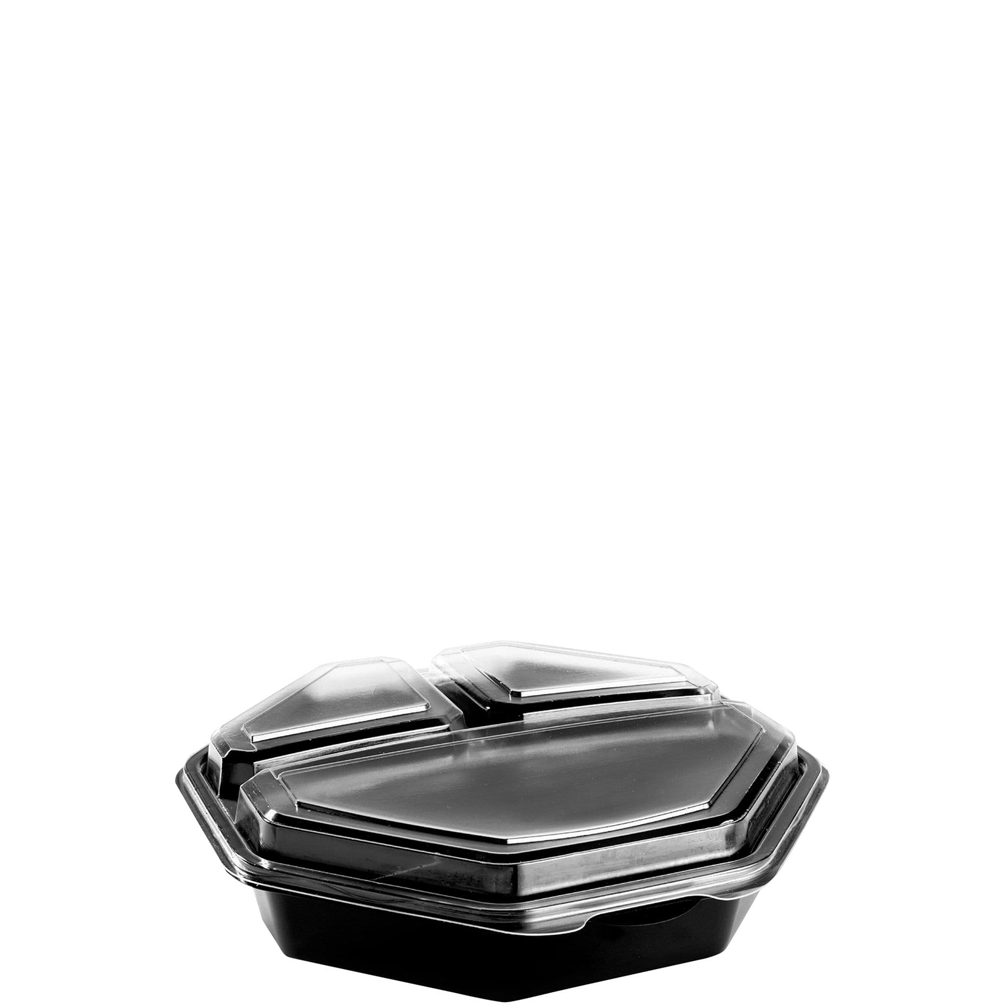 Solo® Creative Carryouts® OctaView® Take-Out Container Hinged 9.57X9.18X2.36 IN 3 Compartment PS Black Clear Leak Resistant 100/Case