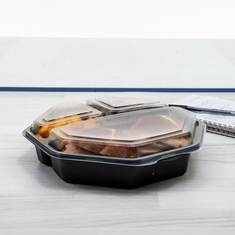 Solo® Creative Carryouts® OctaView® Take-Out Container Hinged 9.57X9.18X2.36 IN 3 Compartment PS Black Clear Leak Resistant 100/Case