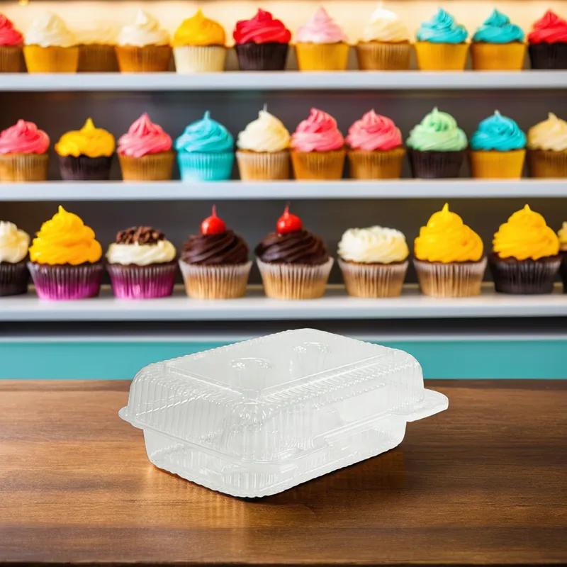 Cupcake Hinged Container With Dome Lid 9.375X6.75X2.875 IN 6 Compartment OPS Clear Rectangle 350/Case