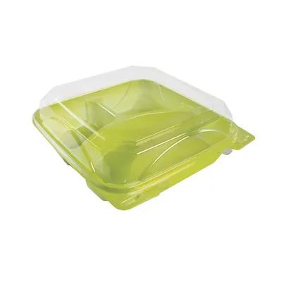 The BOTTLEBOX ® Take-Out Container Hinged 8.5X8X2.88 IN 3 Compartment RPET Clear Green Square 200/Case