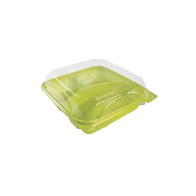 The BOTTLEBOX ® Take-Out Container Hinged 8.46X7.96X2.88 IN 3 Compartment RPET Clear Lime Green Square 200/Case