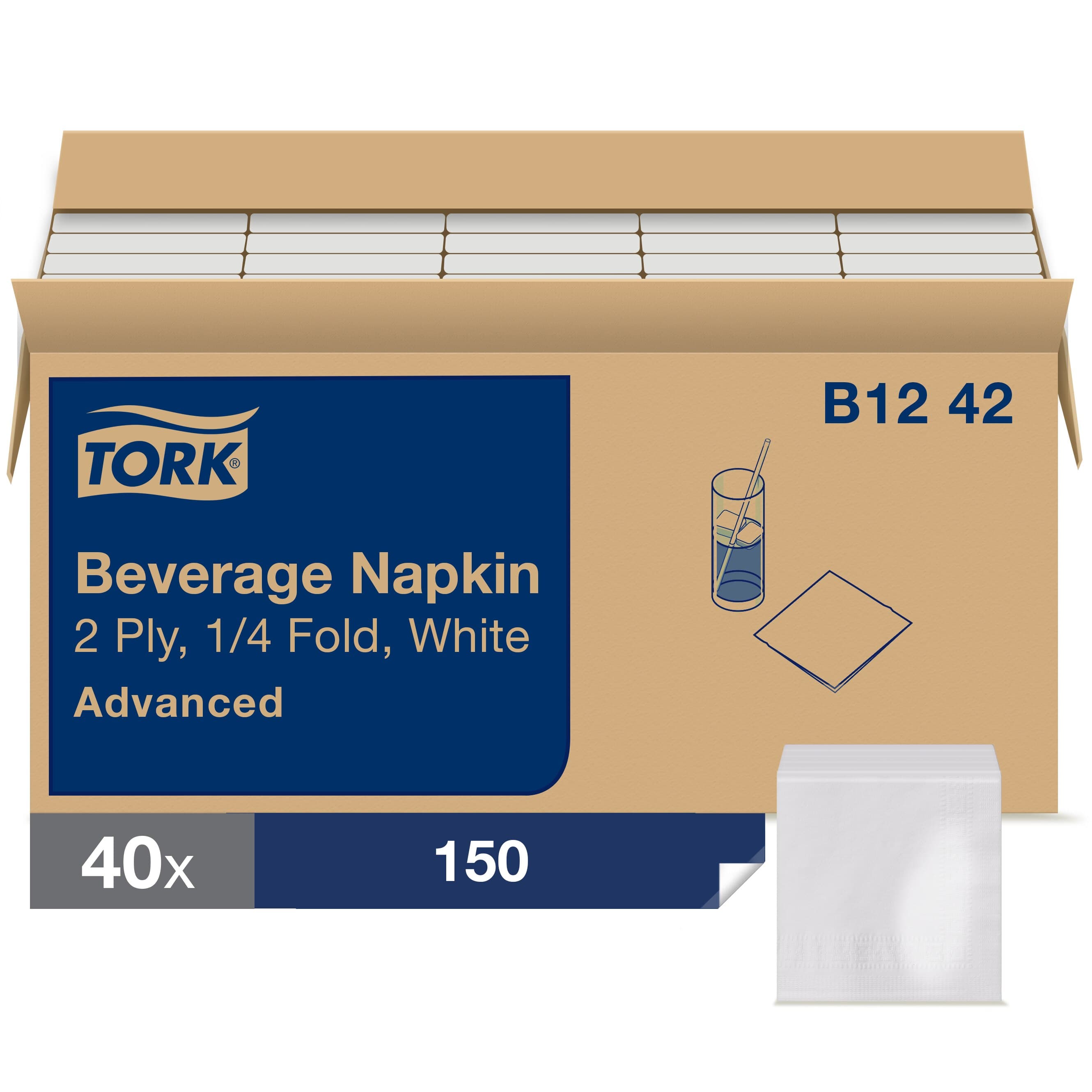 Beverage Napkins 9.25X9.25 IN 4.625X4.625 IN White Paper 2PLY 1/4 Fold Refill Embossed 150 Count/Pack 40 Packs/Case