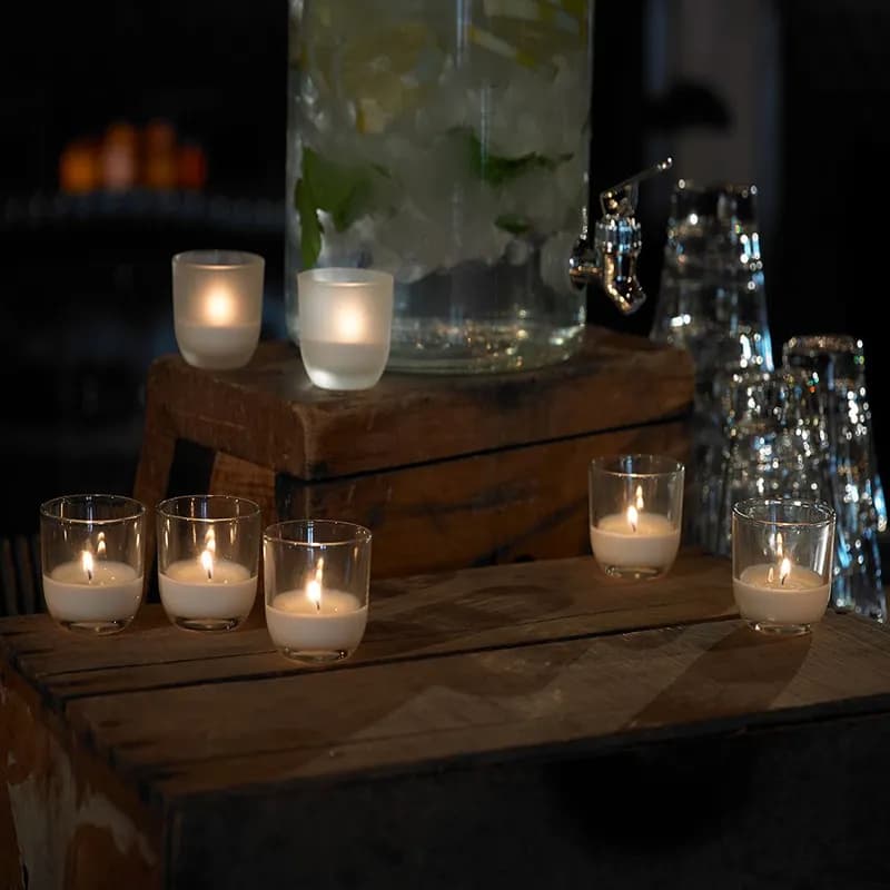 Tealight Candle 8-HR Glass Wax Clear White 48/Case