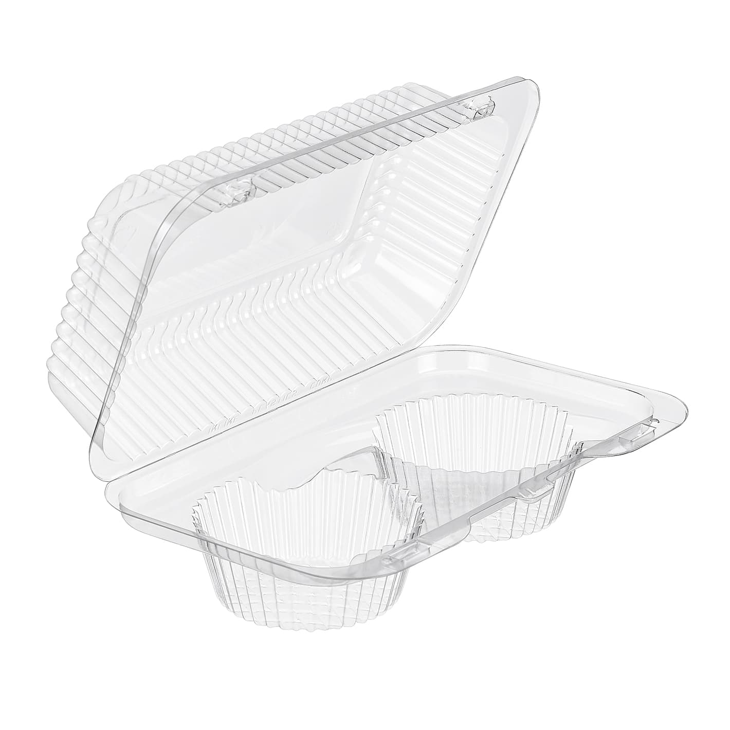 Essentials SureLock Muffin Hinged Container With Dome Lid 5.5 OZ 8.875X5.3125X3.375 IN 2 Compartment RPET Clear Rectangle 500/Case
