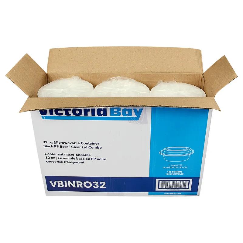 Victoria Bay Take-Out Container Base & Lid Combo 32 OZ PP Black Clear Round Shallow Microwave Safe 150/Case