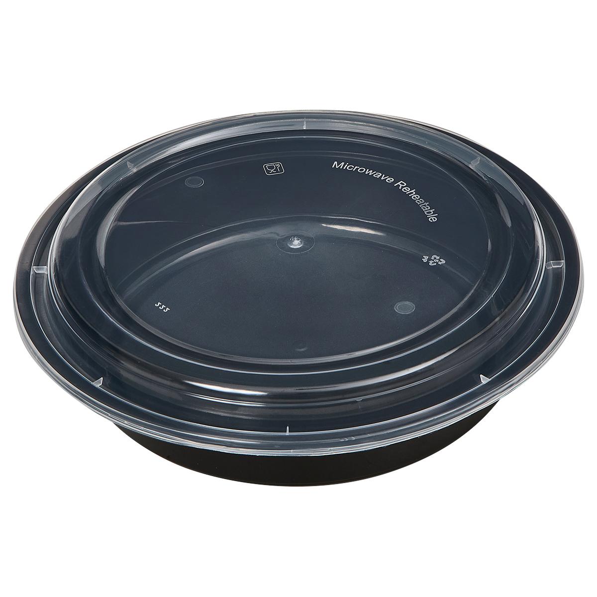 Victoria Bay Take-Out Container Base & Lid Combo 48 OZ PP Black Clear Round Shallow Microwave Safe 150/Case