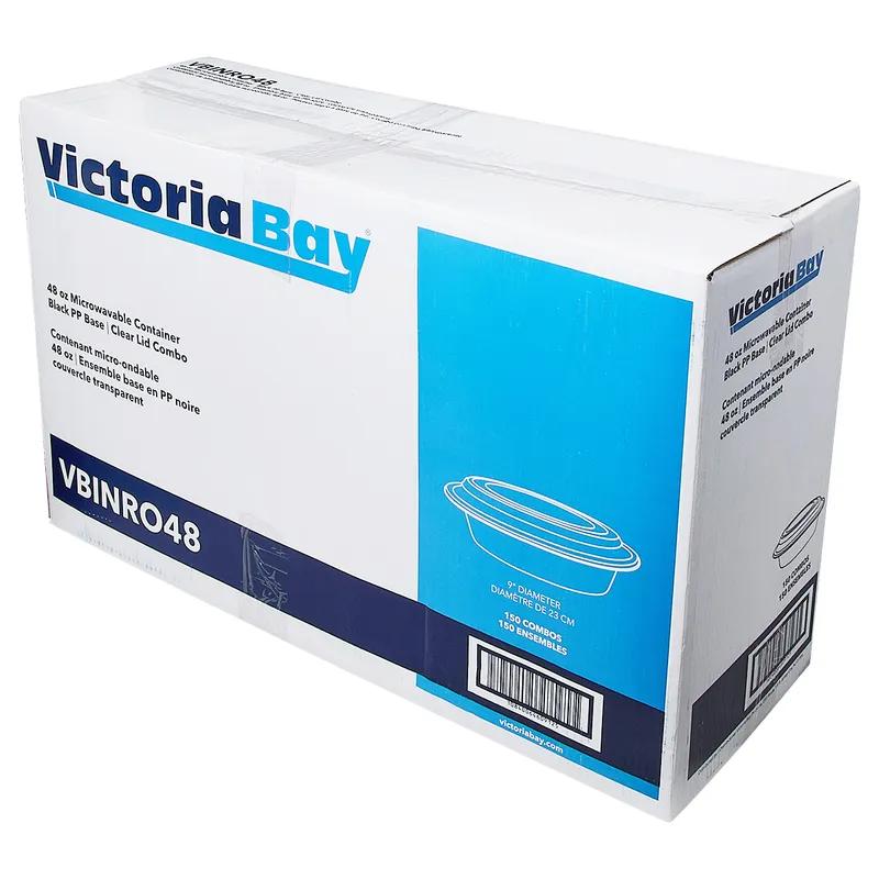 Victoria Bay Take-Out Container Base & Lid Combo 48 OZ PP Black Clear Round Shallow Microwave Safe 150/Case