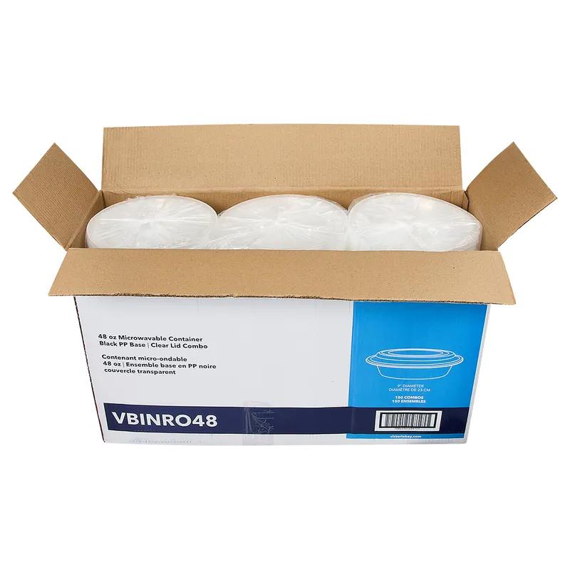 Victoria Bay Take-Out Container Base & Lid Combo 48 OZ PP Black Clear Round Shallow Microwave Safe 150/Case