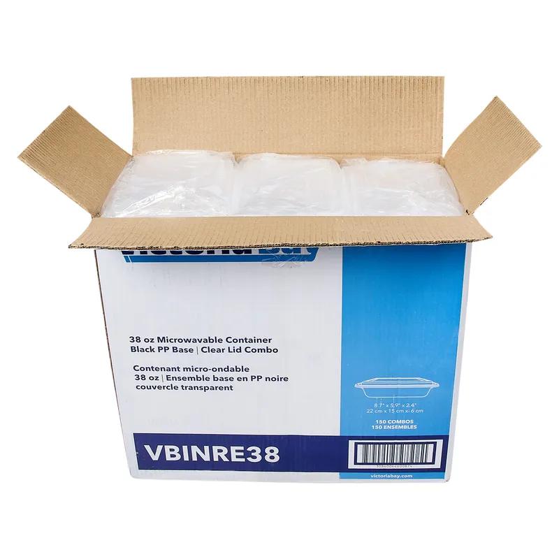 Victoria Bay Take-Out Container Base & Lid Combo 38 OZ PP Black Clear Rectangle Shallow Microwave Safe 150/Case