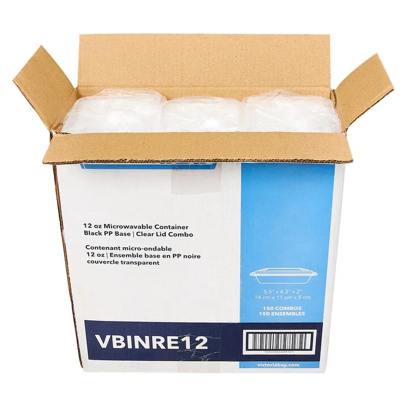 Victoria Bay Take-Out Container Base & Lid Combo 12 OZ PP Black Clear Rectangle Shallow Microwave Safe 150/Case