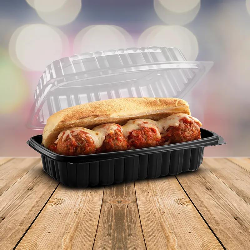 Culinary Classics® Take-Out Container Hinged 9.55X6.49X3.21 IN PP Black Clear Microwave Safe Anti-Fog 120/Case