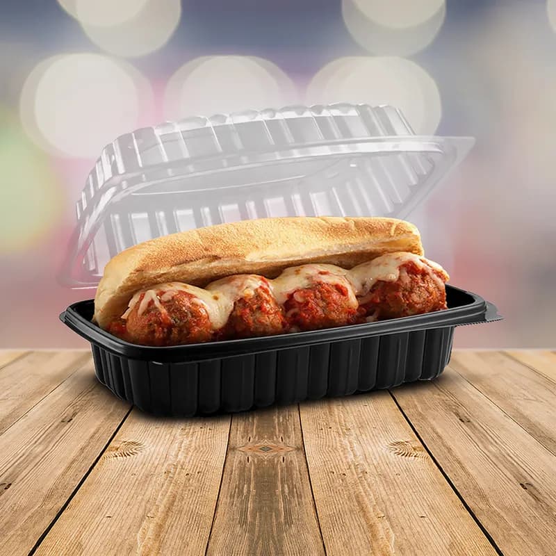 Culinary Classics® Take-Out Container Hinged 9.55X6.49X3.21 IN PP Black Clear Microwave Safe Anti-Fog 120/Case
