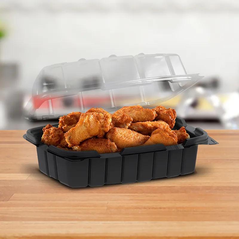 Crisp Food Technologies® Take-Out Container Hinged 9.55X6.65X3.68 IN PP Black Clear Microwave Safe Anti-Fog 110/Case