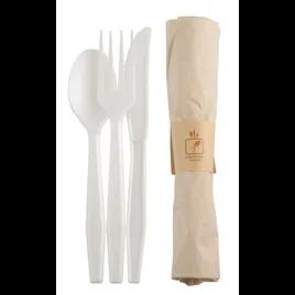 Conserveware 4PC Cutlery Kit CPLA White With Kraft Napkin,Fork,Spoon,Knife 100/Case